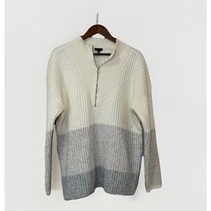 Talbots Size XL Colorblock Ribbed Knit Sweater Half Zip Funnel Neck Cream Gray